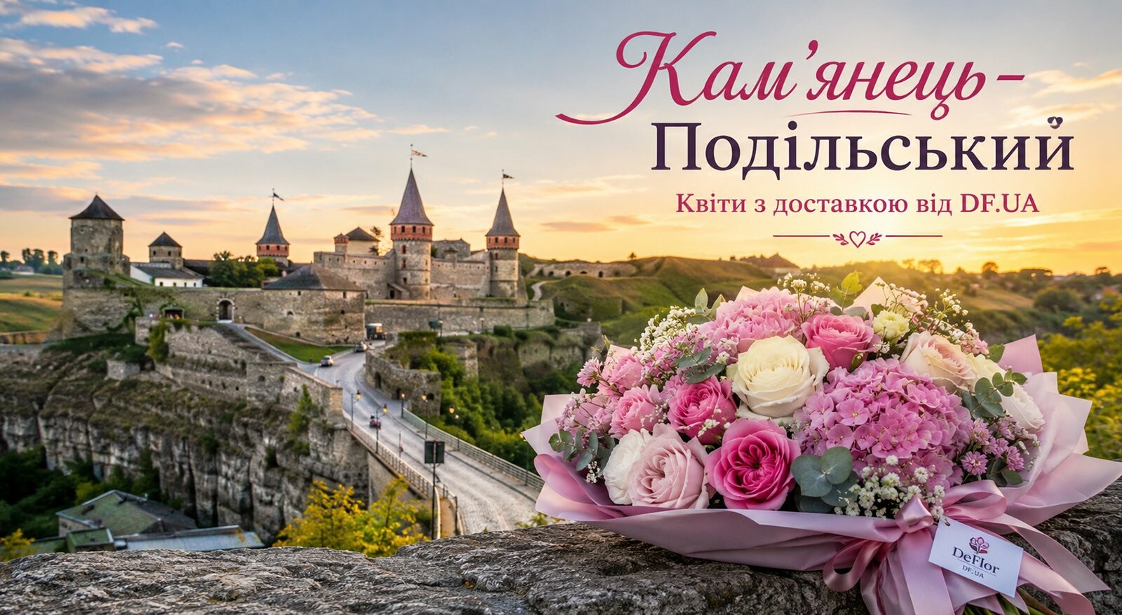 Доставка квітів у Кам’янці-Подільському від DF.UA біля Старої фортеці Кам’янець-Подільська фортеця і букет квітів з написом про доставку квітів у Кам’янці-Подільському